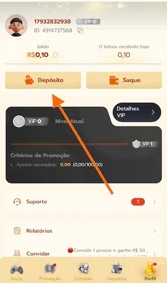 Na tela inicial, clique no botão "Depositar".